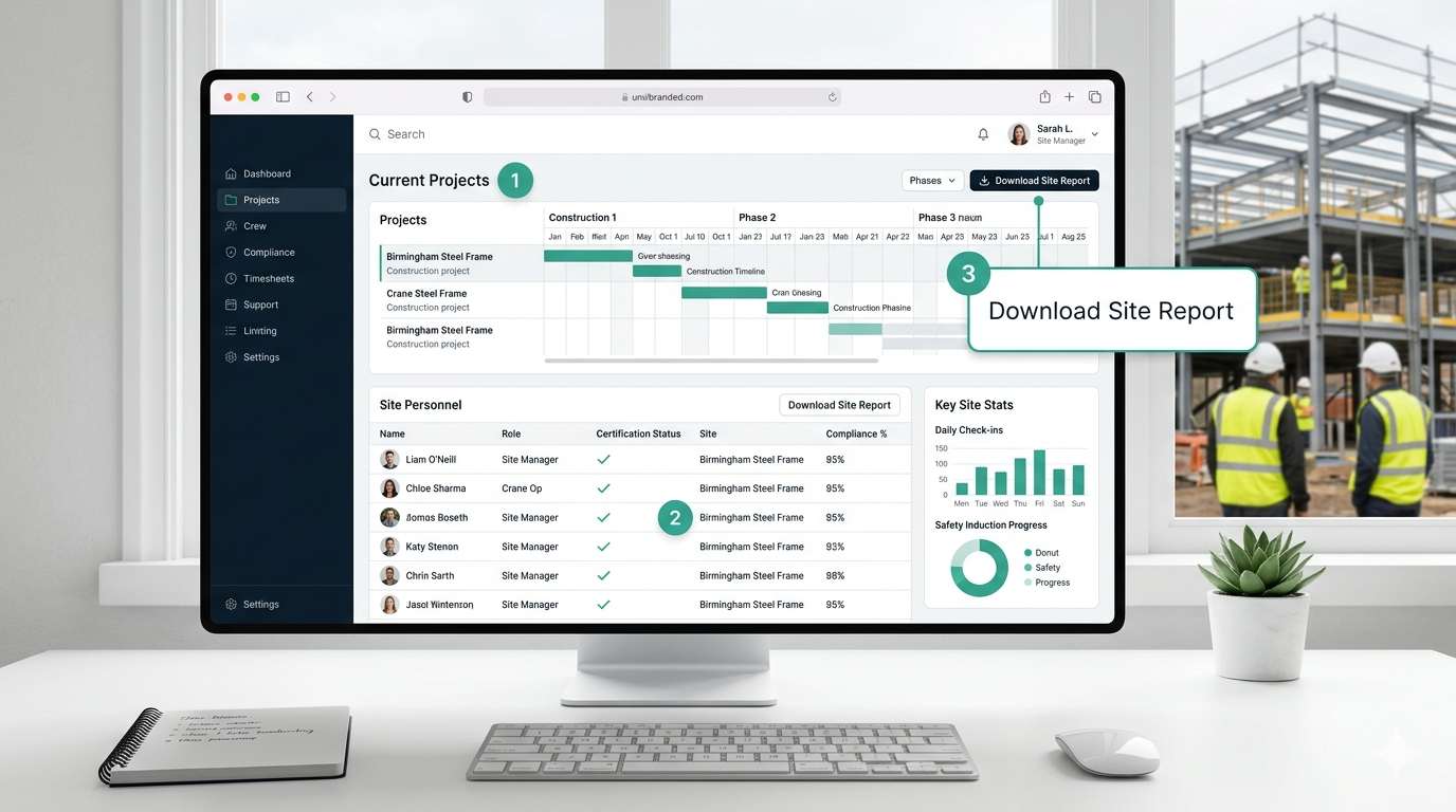 AttendIQ admin dashboard showing workforce compliance, site personnel, and project timelines