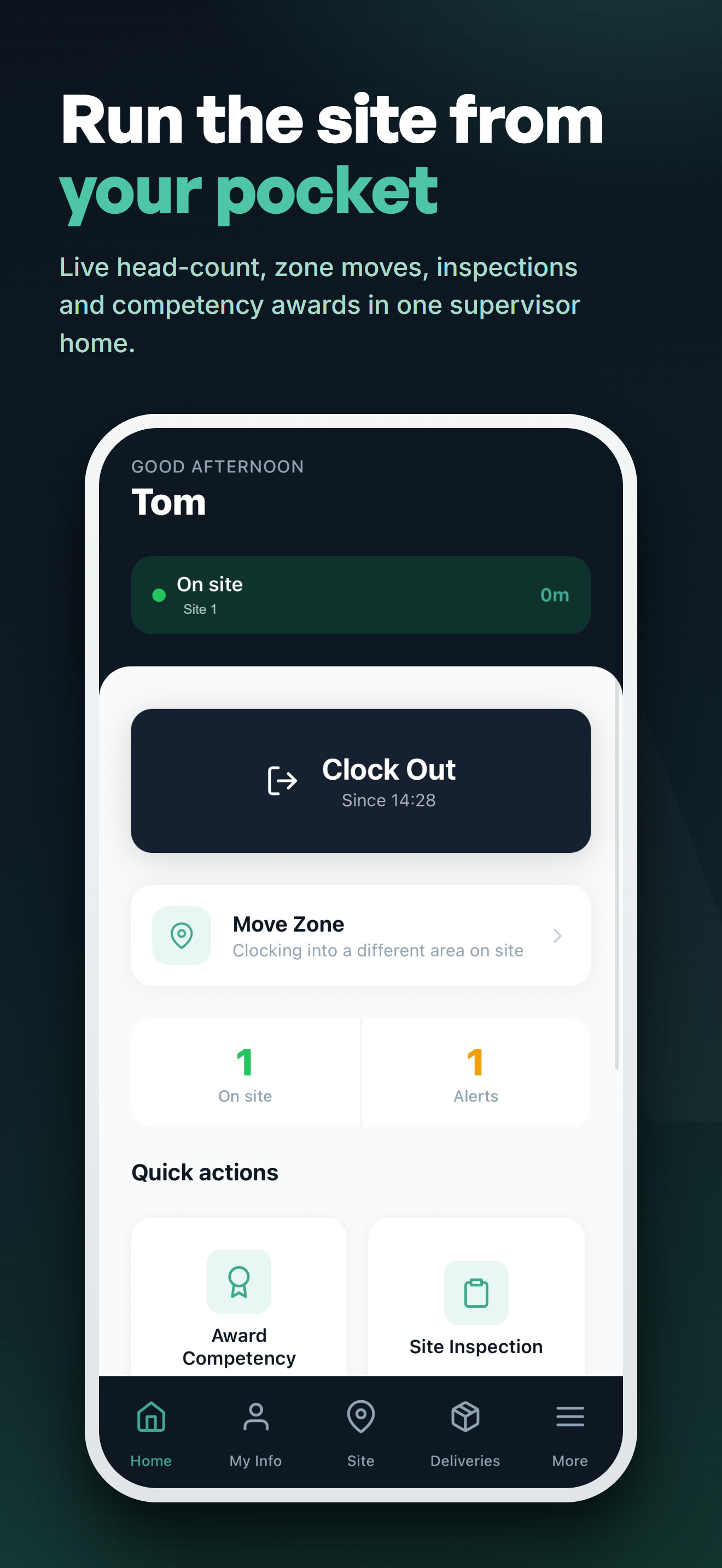 AttendIQ supervisor home with pending approvals and quick actions