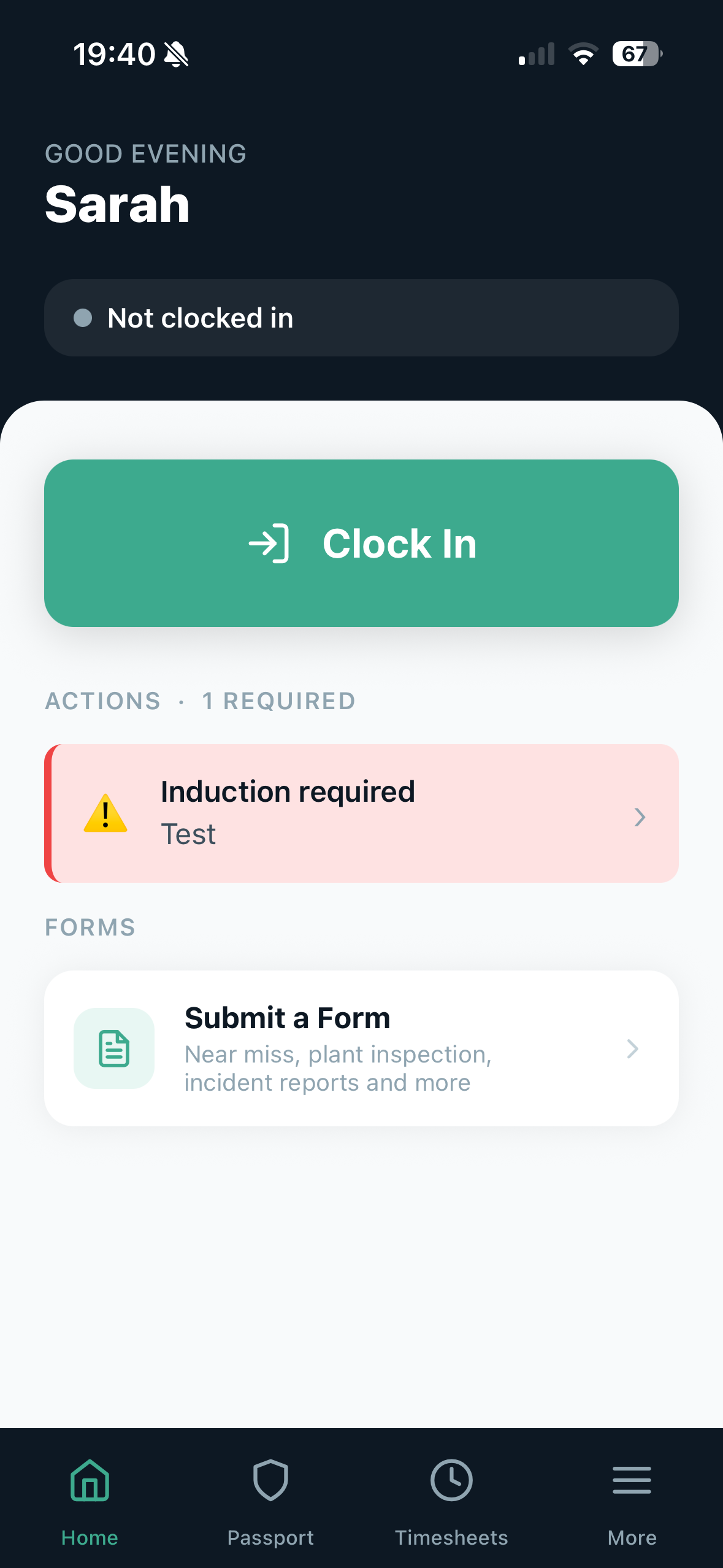 AttendIQ worker home screen with clock-in button and induction action
