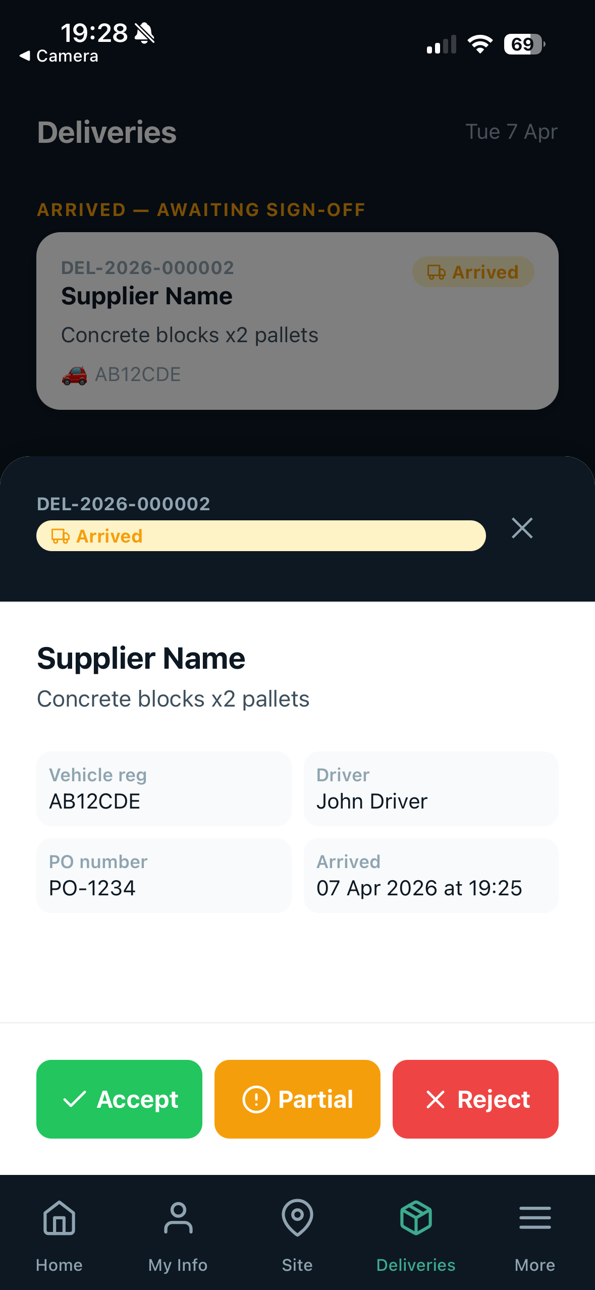 AttendIQ delivery management with accept, partial, and reject actions