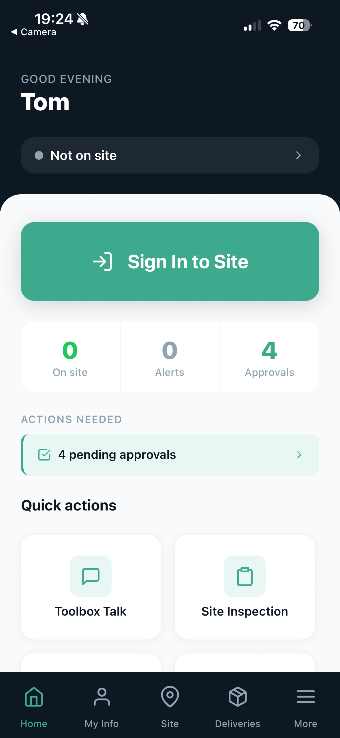 AttendIQ supervisor home with pending approvals and quick actions