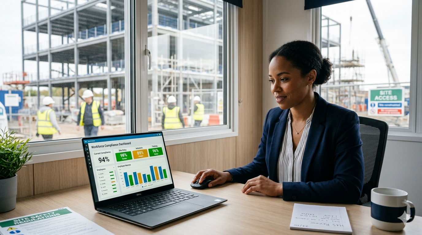 Health and safety manager reviewing workforce compliance dashboard at a site office with construction site visible through window