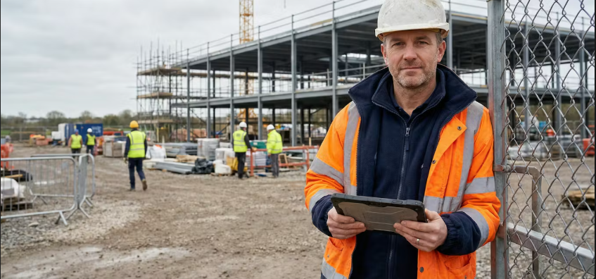 Site manager reviewing workforce compliance data on tablet at a UK construction site