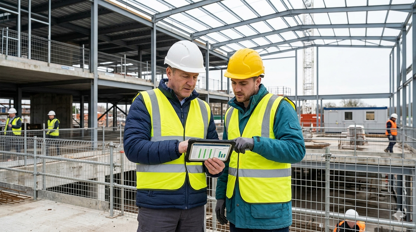 Site manager and subcontractor reviewing workforce compliance data on tablet at a UK construction site